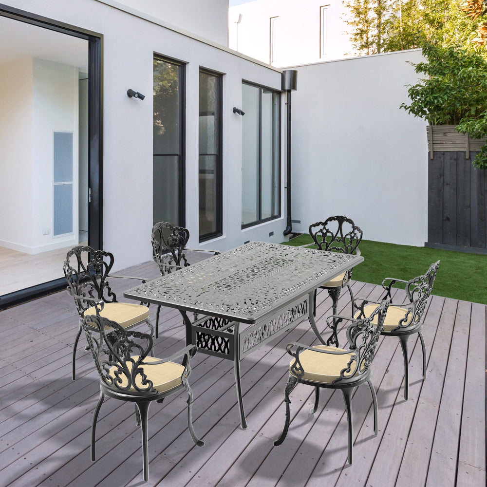 L58.27*W34.65-inch Cast Aluminum Patio Dining Table With Black Frame and Umbrella Hole