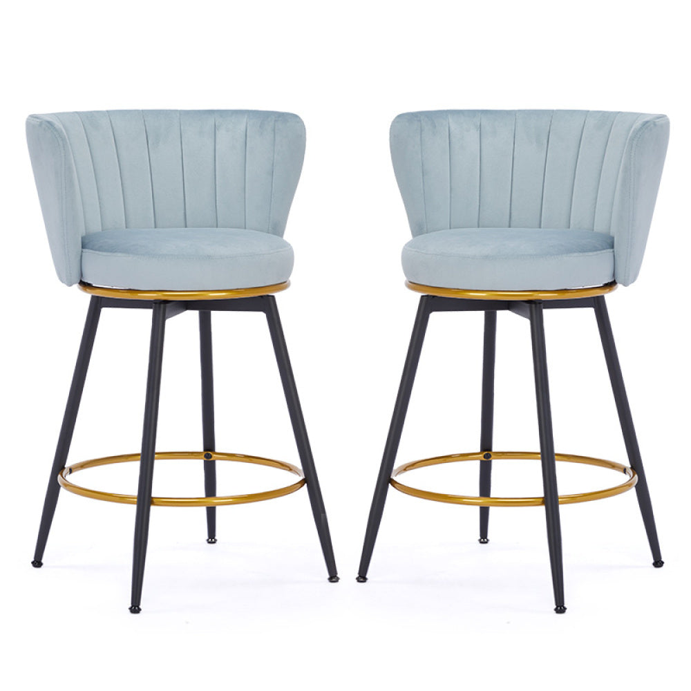 Counter Height Bar Stools Set of 2, 360° Swivel Upholstered Barstools with Backs and Metal Legs, 26" H Seat Height, Velvet Fabric,Goldy Footrest