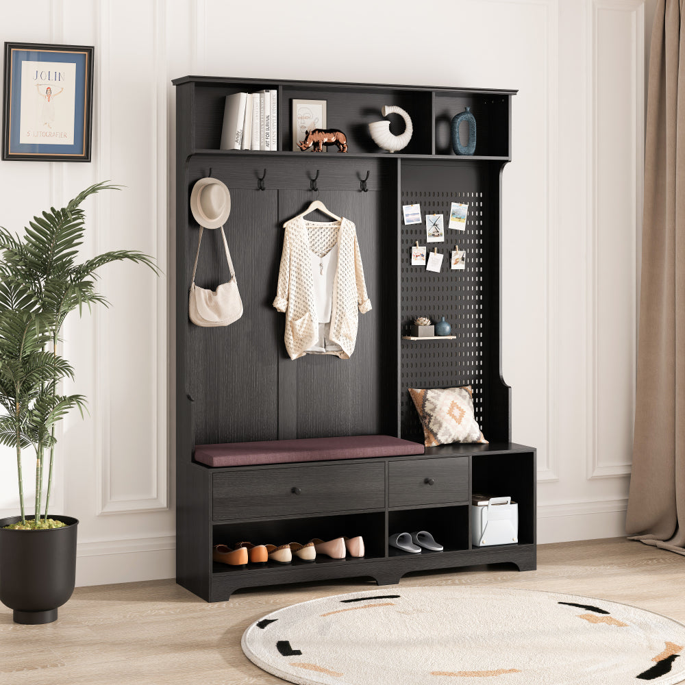 Multi-purpose Hallway Hall Tree with Removable Linen Cushioned Entryway Bench, Coat Rack, Storage Shelves, and DIY Pegboard,for Hallways, Living Room, White