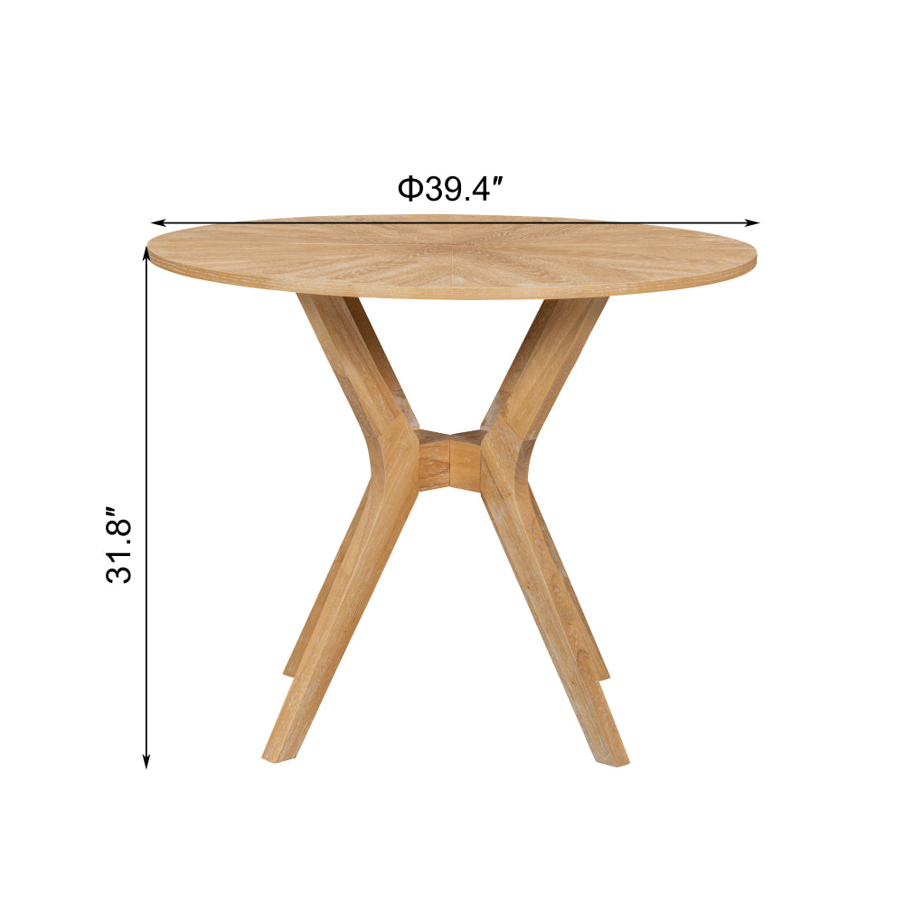 Mid-Century Modern 39.4" Round Dining Table with Intersecting Wooden Legs, Rubberwood & Plywood Construction, Oak Veneer Finish