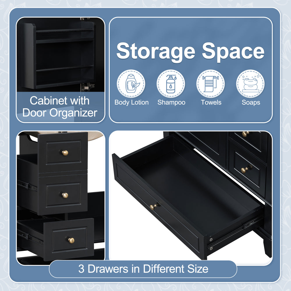 30" Bathroom Vanity with Sink, One Door with Shelf and Three Drawers, Soft Close Door, Black