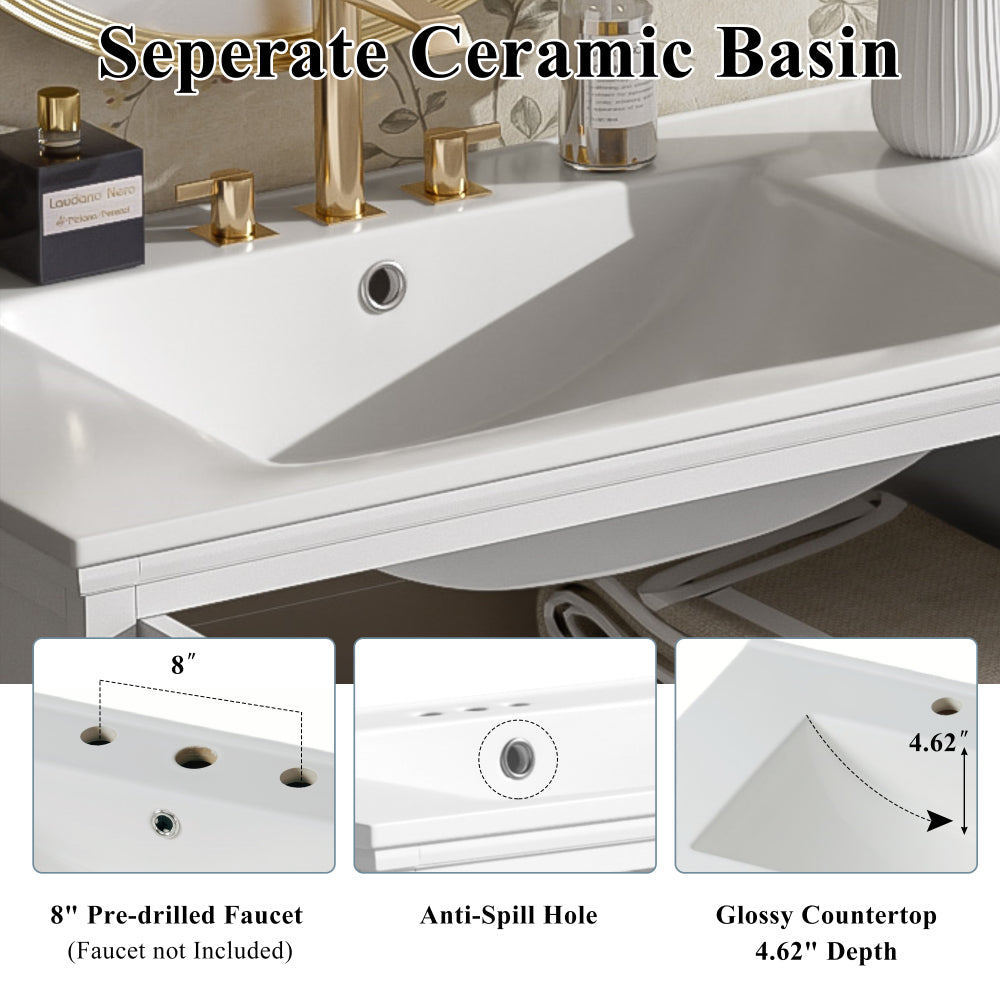 30" Modern Bathroom Vanity with Ceramic Sink, Bathroom Vanity Cabinet with Tempered Blurred Glass and Matte Black Handles, Equipped with Large Storage Space and Rubber Wood Frame, White