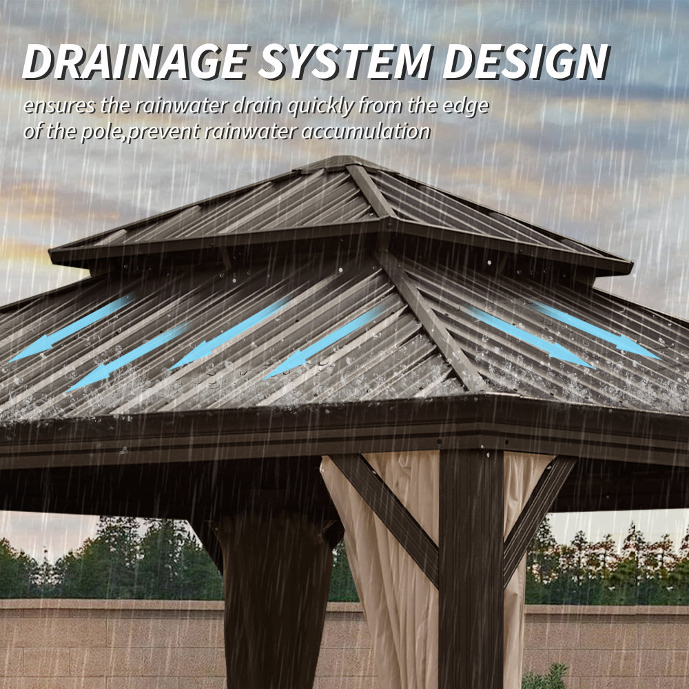 12' X 12' Hardtop Gazebo, Upgraded Metal Gazebo with Drainage System, Dual-Layer Galvanized Steel Roof, Curtain and Netting, Outdoor Shelter Canopy for Patio, Garden, and Backyard, Brown