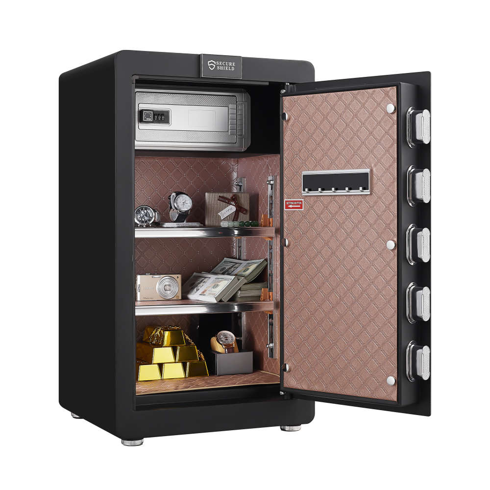 Safe Box with Biometric Recognition, Built-in Removable Partition And Flexible Compartment Partition, Dual Protection with Electronic Password Lock, Private And Invisible Hidden Compartment Structure,