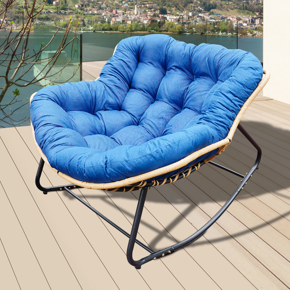 9.7Ibs Ultra-Plush Rattan Rocking Chair With Anti-Tip Design, 450LB Capacity Rattan Lounge Chair for Balcony,Living Room,Garden,Patio - Easy Assembly Blue