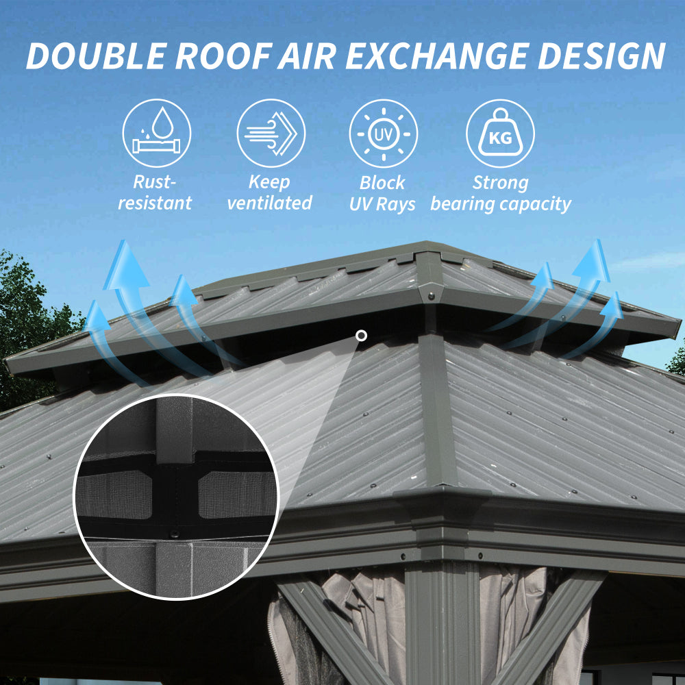 10' X 12' Hardtop Gazebo, Upgraded Metal Gazebo with Drainage System, Dual-Layer Galvanized Steel Roof, Curtain and Netting, Outdoor Shelter Canopy for Patio, Garden, and Backyard, Grey