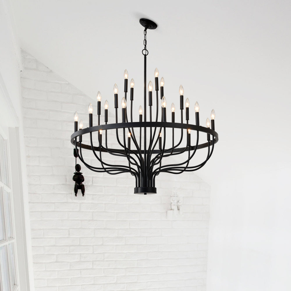 24-Light Black Chandelier Industrial Iron Candle Chandelier Modern Suspended Farmhouse Chandeliers Pendant Light Fixtures for Dining Room Bedroom Living Room Kitchen Island Foyer E12 Bulb (NO Include)