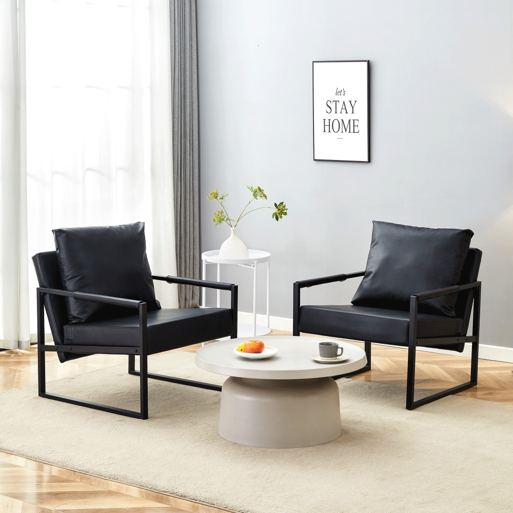 Set of 1 Classic Black PU Leather and Metal Frame Sofa -Ergonomically designed, a perfect blend of modern and industrial styles, with product dimensions of 27*29.7*29.6 inches.