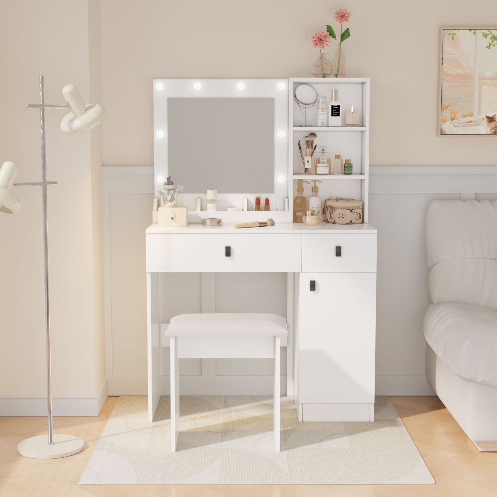 Vanity Set with Mirror and Stool - Makeup Vanity Table with Storage Drawers and Organizer, White and Gold, Space-Saving Design for Small Bedrooms