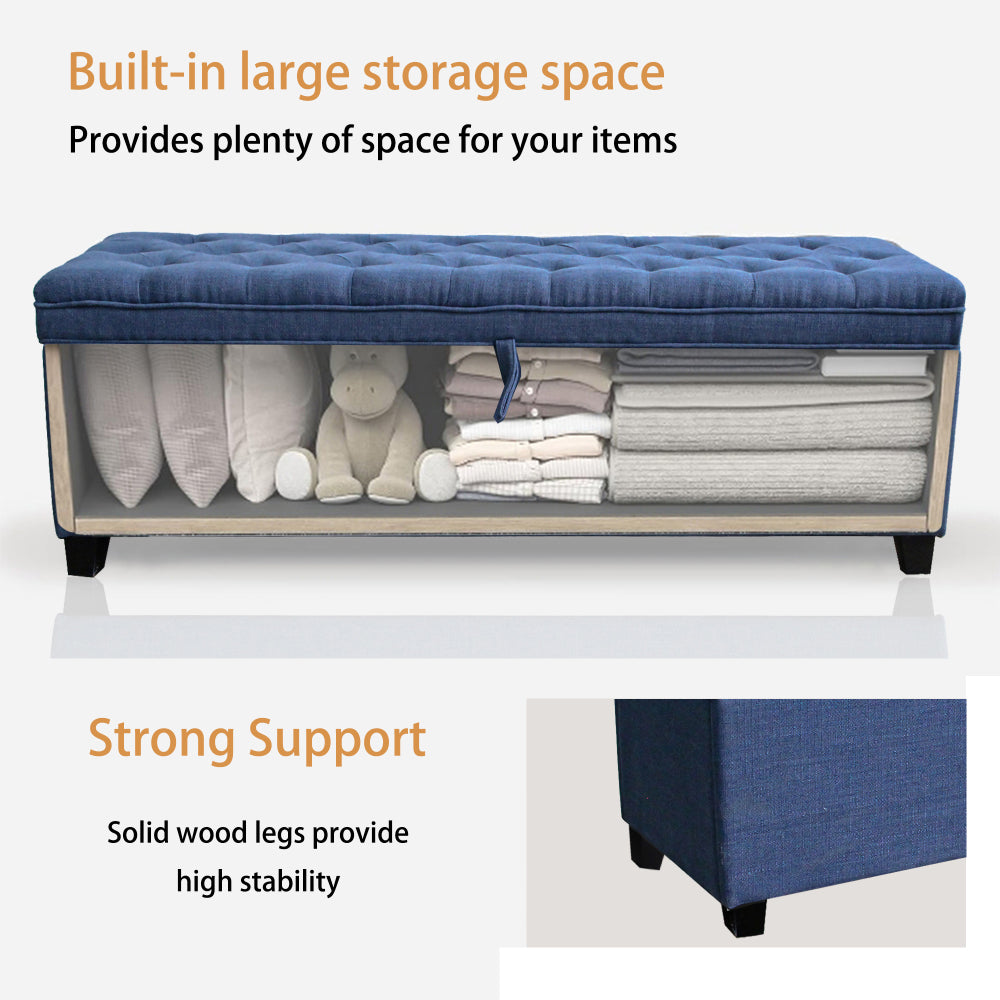 55.3 Inch Extra Long Storage Ottoman Entryway Bench with Flip Top Storage Chest with Padded Seat Bed End Stool for Hallway Living Room Bedroom, Blue Linen