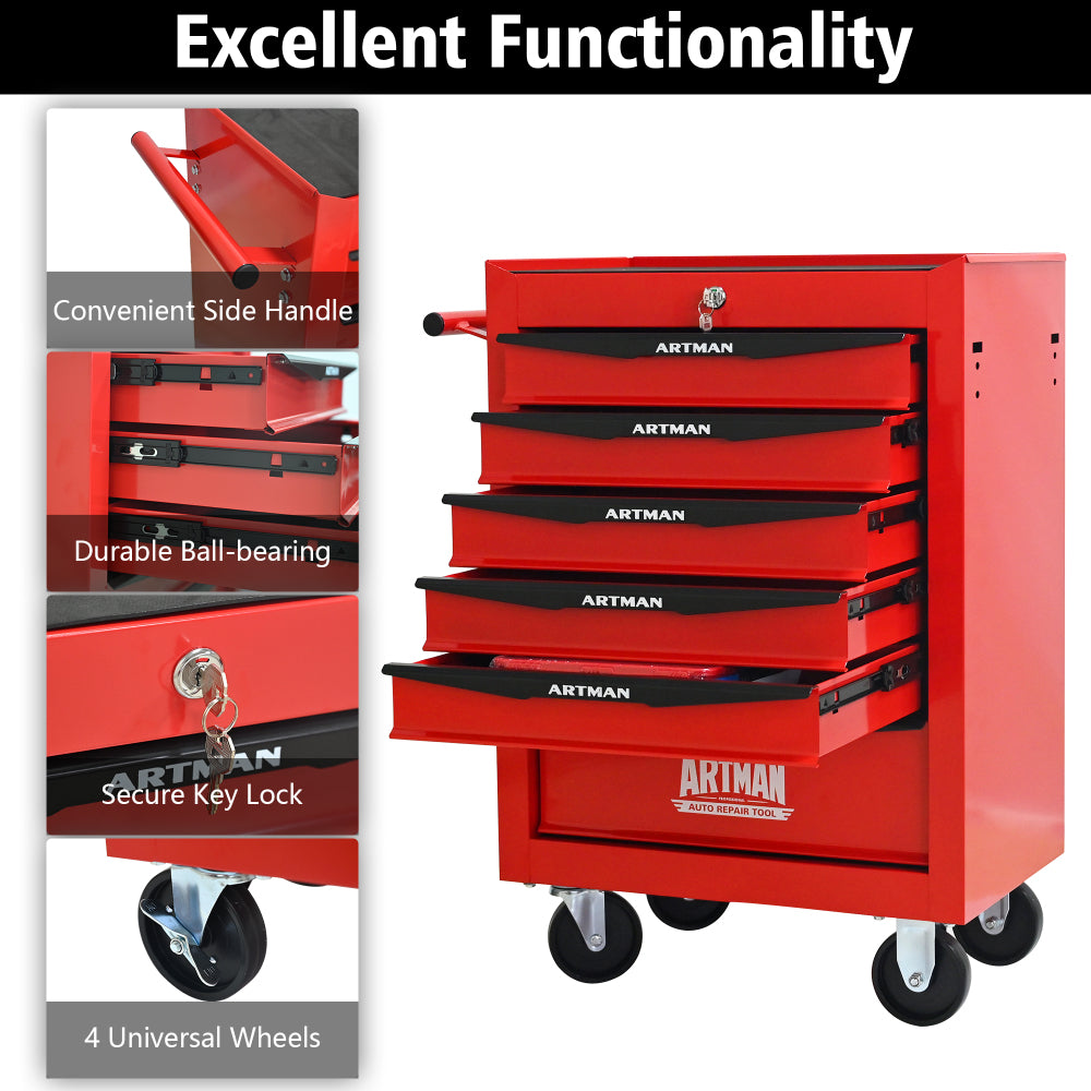 Rolling Metal Tool Chest with 6 Drawers, 20" 6-Drawer Tool Chest Cabinet with Ball Bearing Drawer Slides, Steel Tool Storage Box Organizer -Red&Black