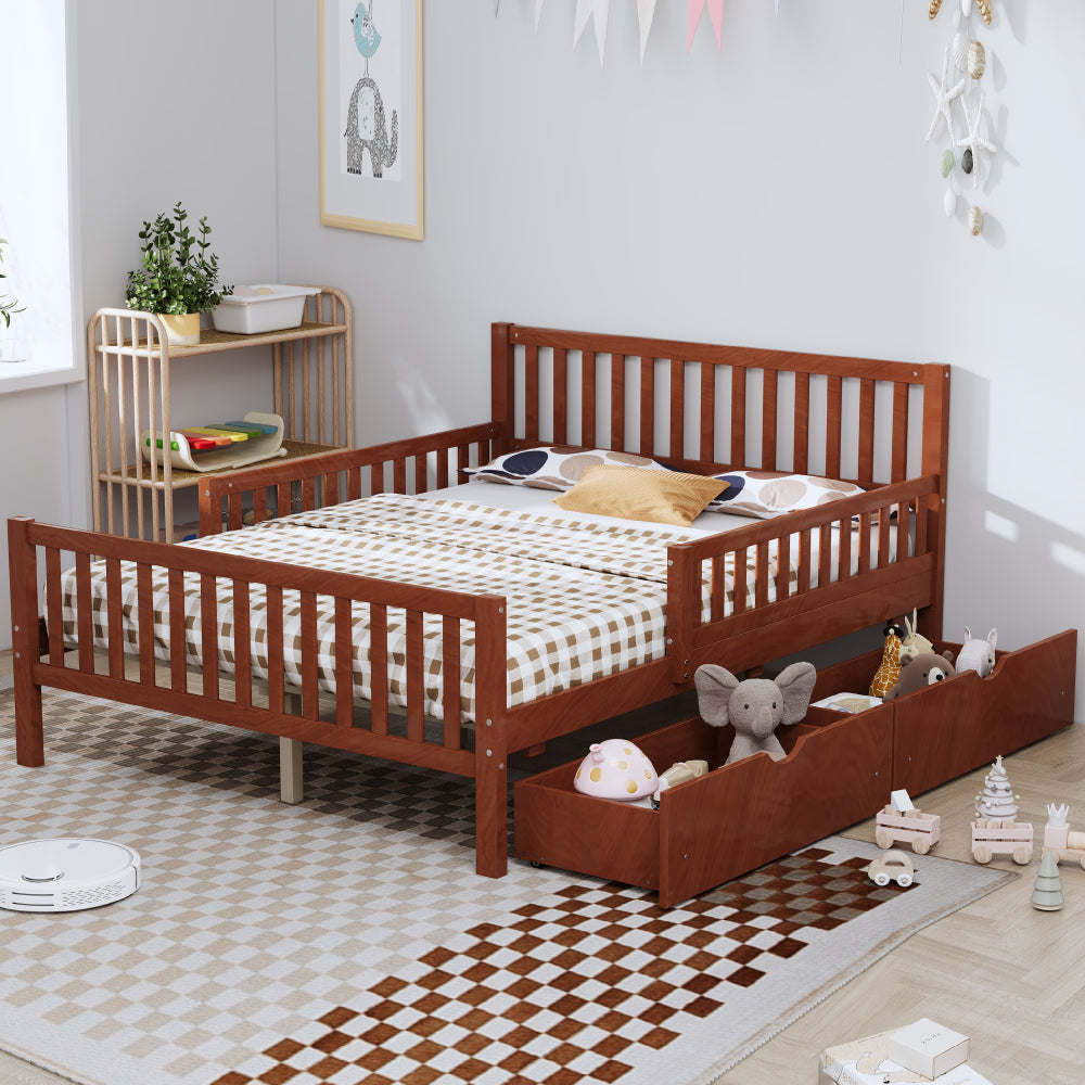 Twin Size Wood Platform Bed with Guardrails on Both Sides and Two Storage Drawers ,White