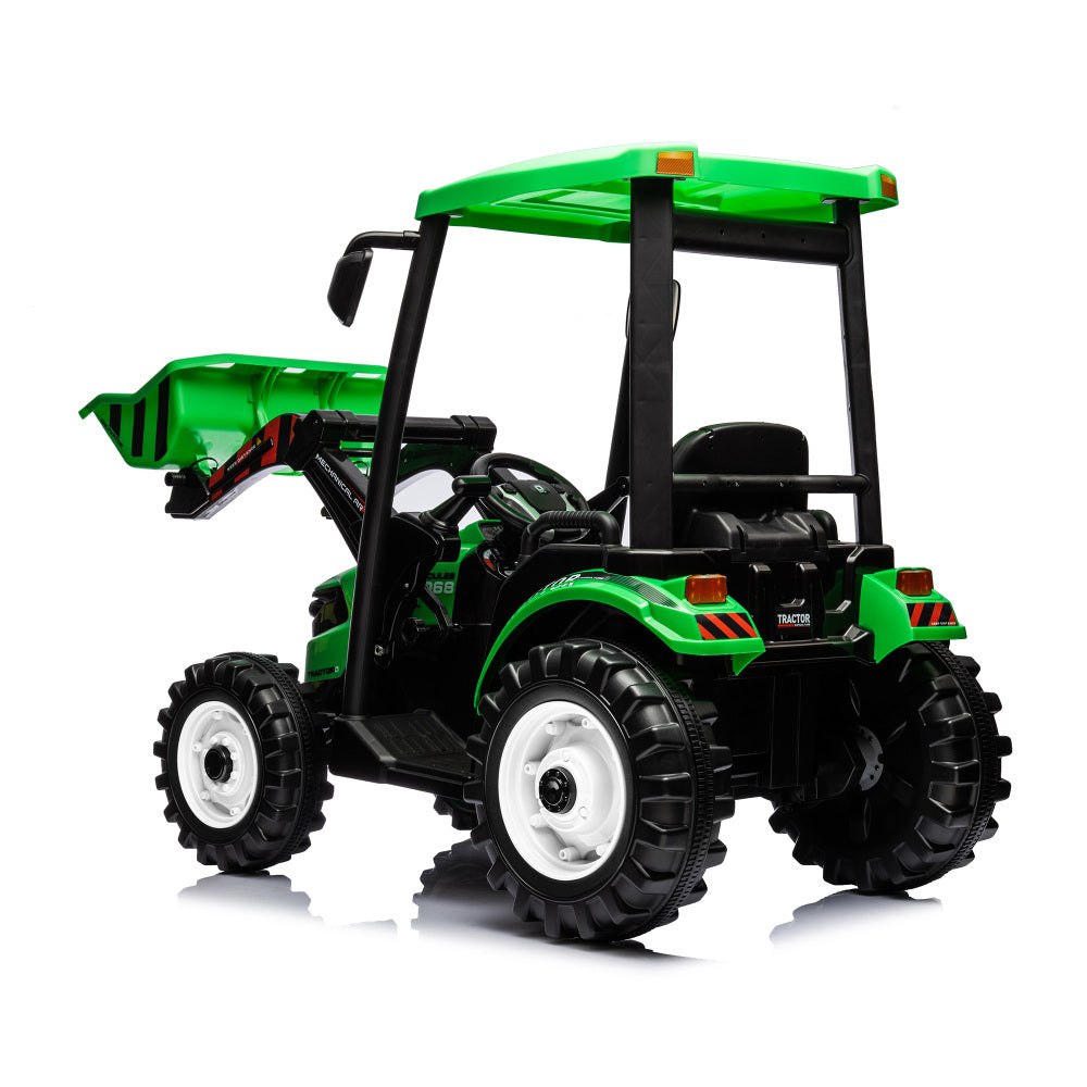 Pedal Tractors with Working Loader and Backhoe Digger, Kids' Ride on Car Toys 24V Battery Powered Electric Vehicles with Trailer, Digger for Toddlers (Green)
