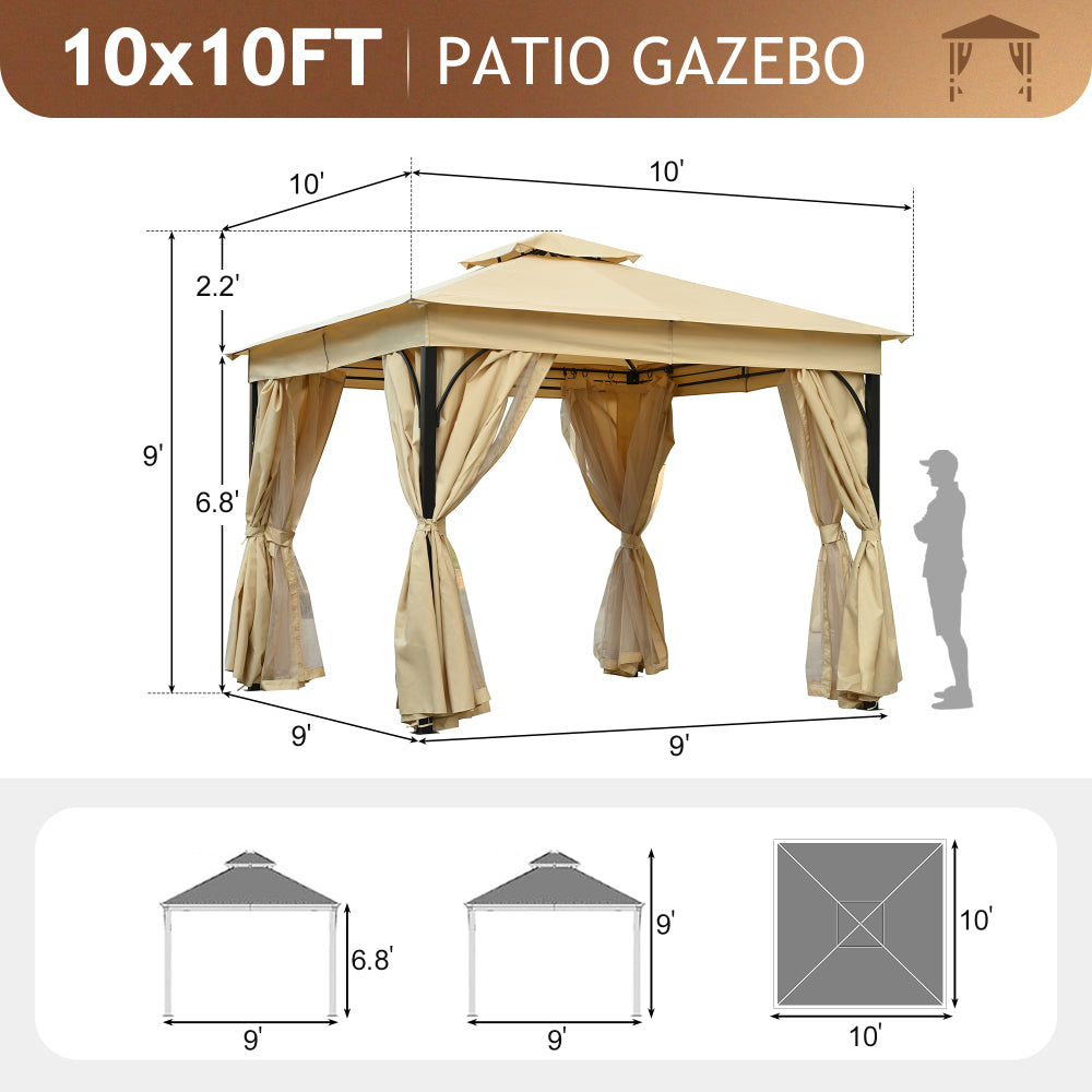 TREXM 10x10 Outdoor Gazebo Tent with Double Roofs, Patio Gazebo with Mosquito Netting and Privacy Screens, Patio Canopy for Shade and Rain for Backyard, Garden, Lawn and Deck (Beige)