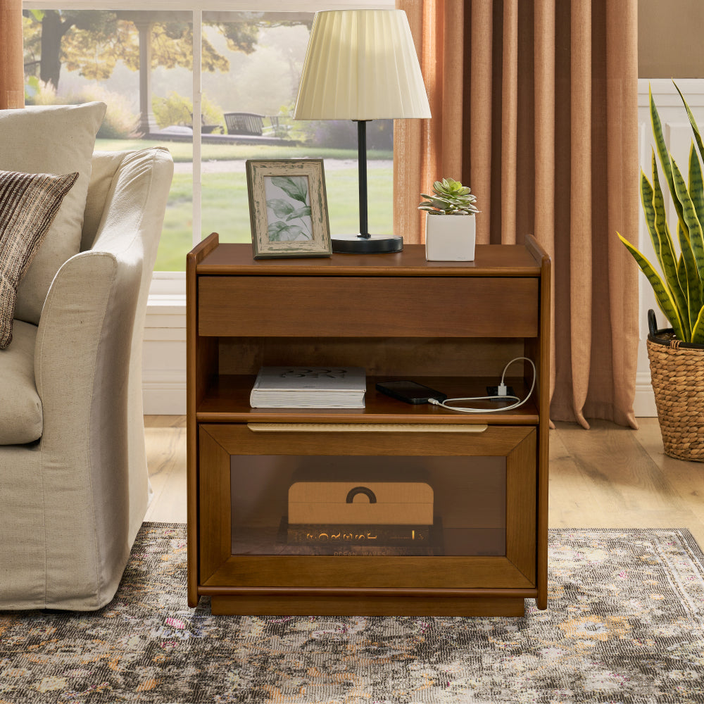 Mid Century Modern Nightstand with Charging Station & Outlet Hole & 2 Drawers, Farmhouse End Table with Open Shelf & Glass Drawer Dresser, Side Cabinet for Living Room Reception Room Dorm, Dark Walnut
