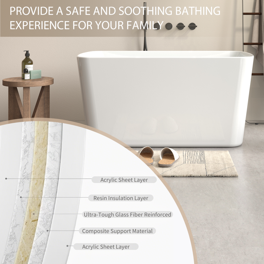 49'' Acrylic Freestanding Soaking Bathtub, Square-shape Japanese Soaking Hot Tub, Sit-In Design with Chrome Overflow and Drain for Express Delivery, Glossy White 23AMAZING-49 (W1920P179228)