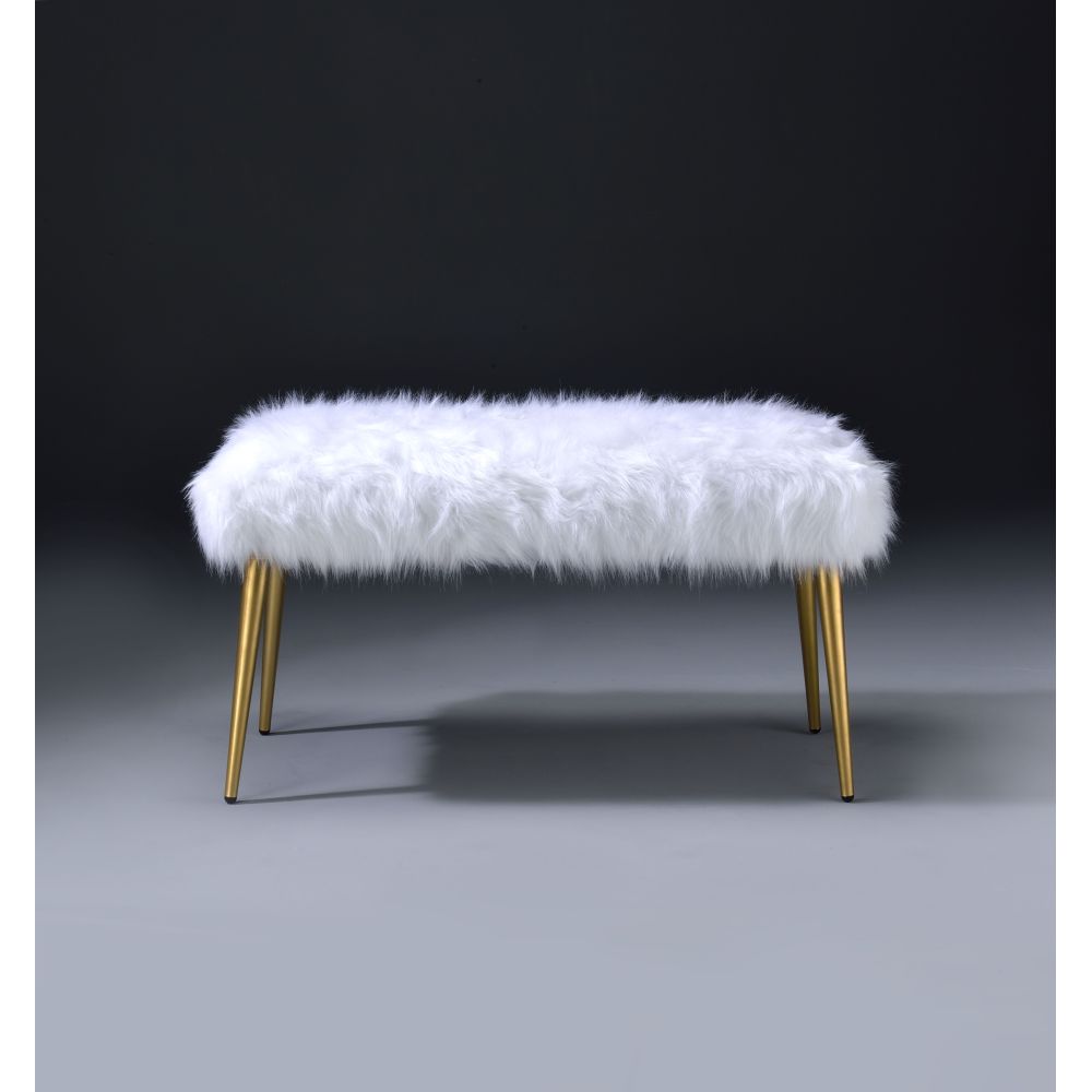 Bagley II White Faux Fur & Gold Finish Bench