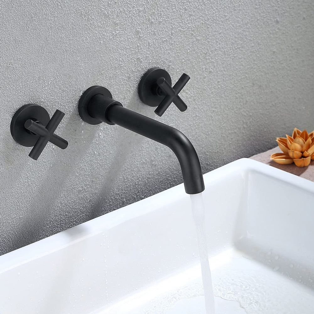 Wall Mounted Dual Handle Bathroom Sink Faucet with Pop-Up Drain (No Overflow)