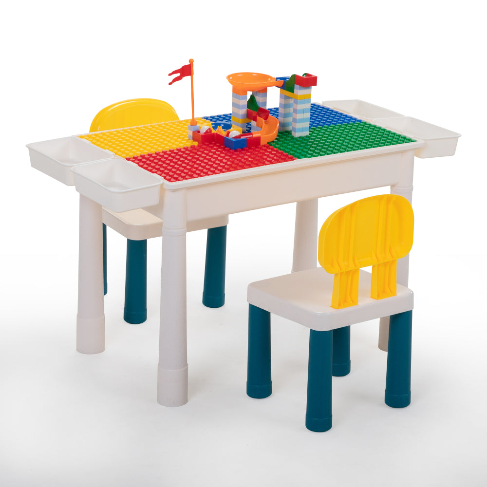 All-in-One Kids Activity Table and Chairs Set, Building Block Table with 100PCS DIY Blocks Toys, Dining Table Study Desk for Toddlers