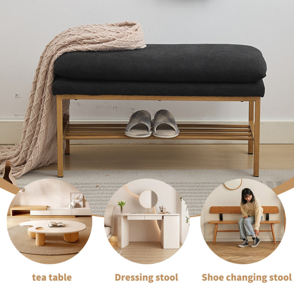 End of Bed Bench with Shelf, Linen Upholstered Storage Shoe Bench, Modern Bedroom Bench with Metal Legs for Living Room, Entryway, Dining Room, 300 LB, Linen Color(Black)