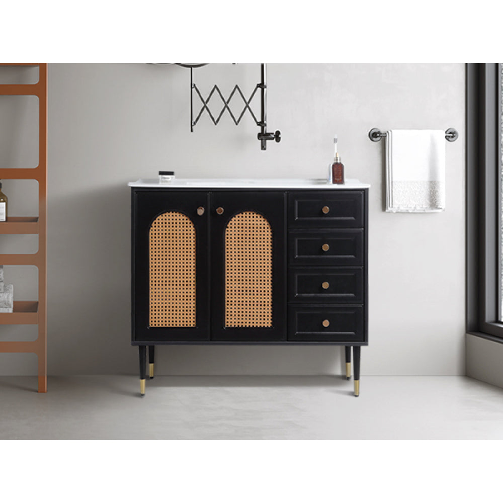 36" Bathroom Vanity with Ceramic Basin, Rattan Bathroom Storage Cabinet with Two Doors and Drawer