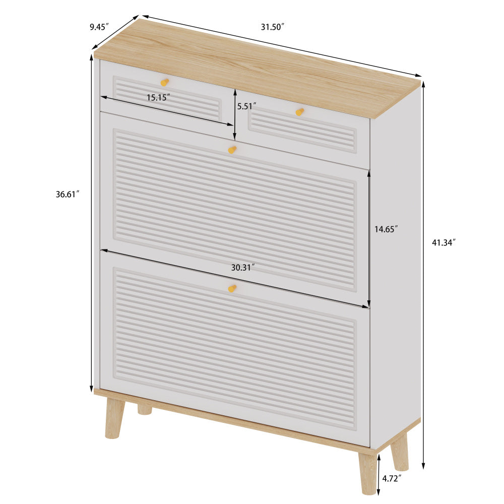 Shoe cabinet with 2 flip-up doors and 2 drawers,narrow shoe rack cabinet,freestanding shoe organizer,shoe organizer for entryway,with natural wood legs(white natural)