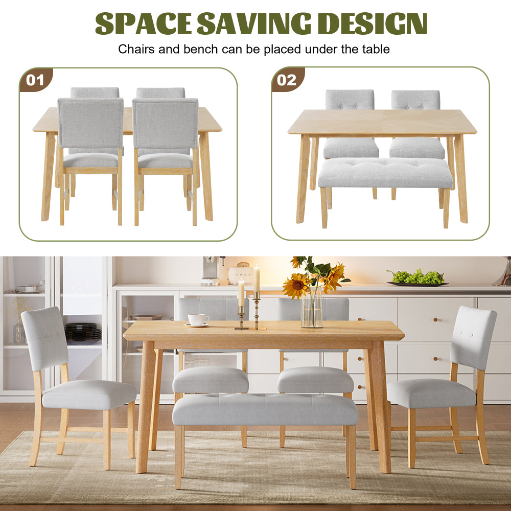 Retro Dining Table, Kitchen Room Table for 6, Minimalist Rectangular Dinette Table for Dining Room and Kitchen, Rubberwood Legs