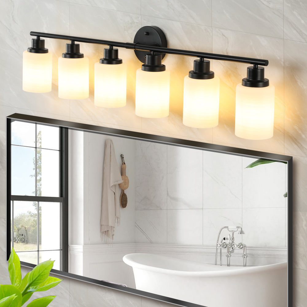 31" Modern 5-Light Vanity Bathroom Mirror Light, Frosted White Glass with Black Iron Frame, Contemporary Wall Sconce for Bedroom, Bathroom, and Dressing Room (Bulb Not Included)