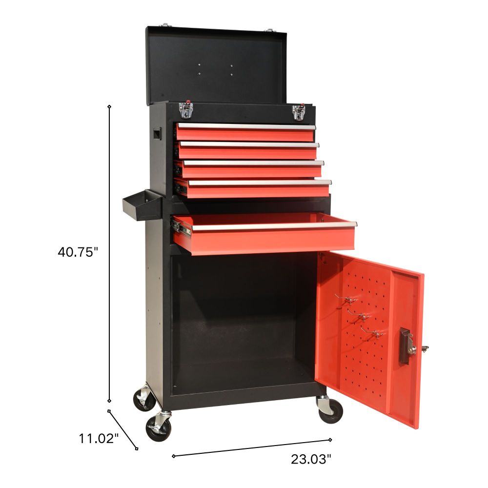 five-Drawer Rolling Tool Chest with Wheels, Detachable Cabinet Storage Tool Box with Drawers, Metal Tool Cart with Toolbox for Garage Workshop WarehouseBLACK+RED