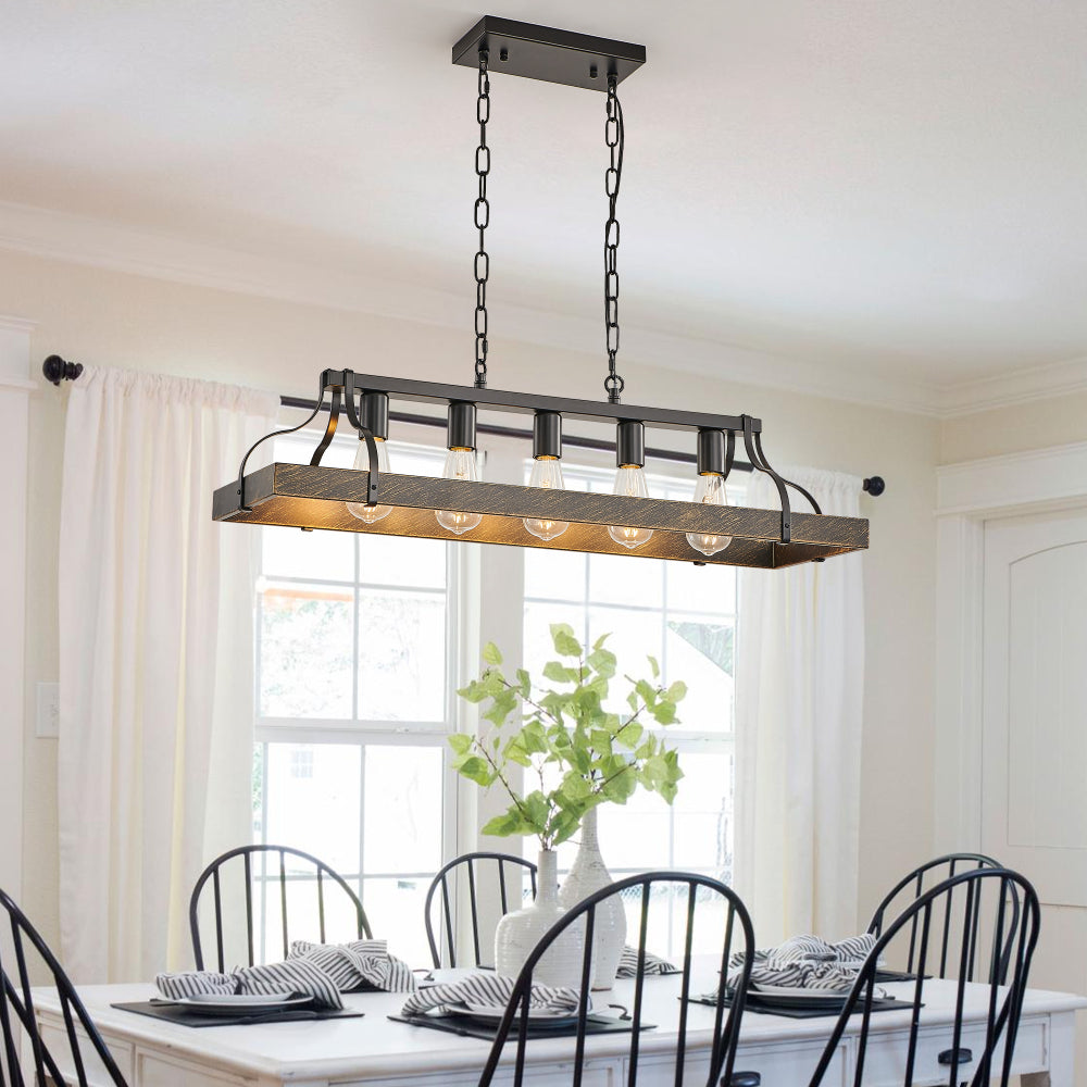 34-Inch Black Gold Vintage Pendant Light, 5 E26 Bulb Sockets, Adjustable Chain Height – Antique Style Chandelier for Dining Room, Kitchen, or Living Room (Bulb Not Included)