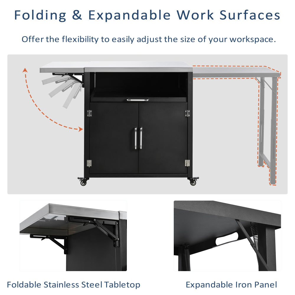 Versatile Outdoor Cabinet with Folding & Expandable Work Surfaces, Ample Storage Space, and Lockable Wheels, Matte Black