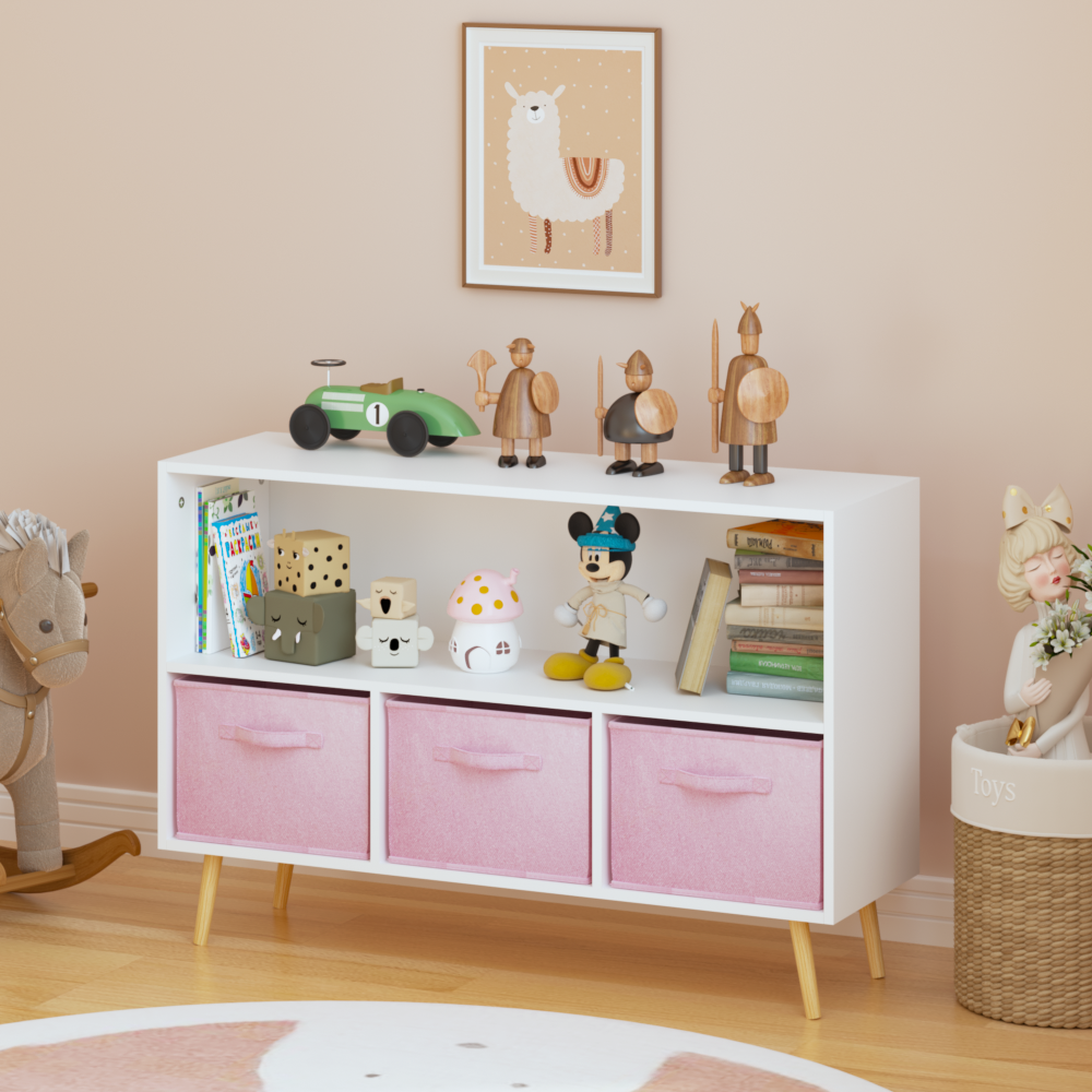 Kids bookcase with Collapsible Fabric Drawers, Children's Book Display, Toy Storage Cabinet Organizer, White/Pink