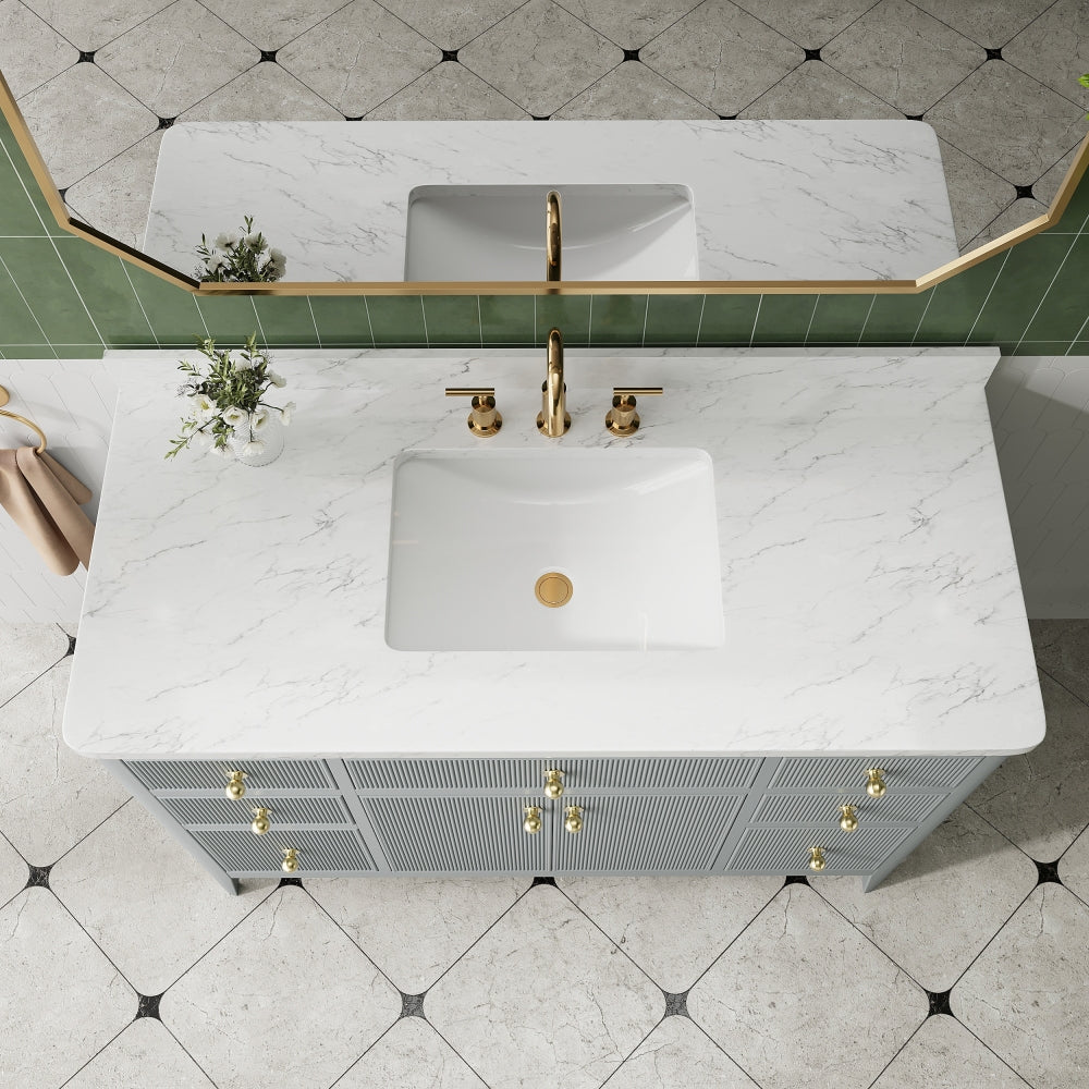 Fully Assembled 48'' Grey Freestanding Single Sink Bathroom Vanity with Solid Wood Construction and Engineered Marble Top