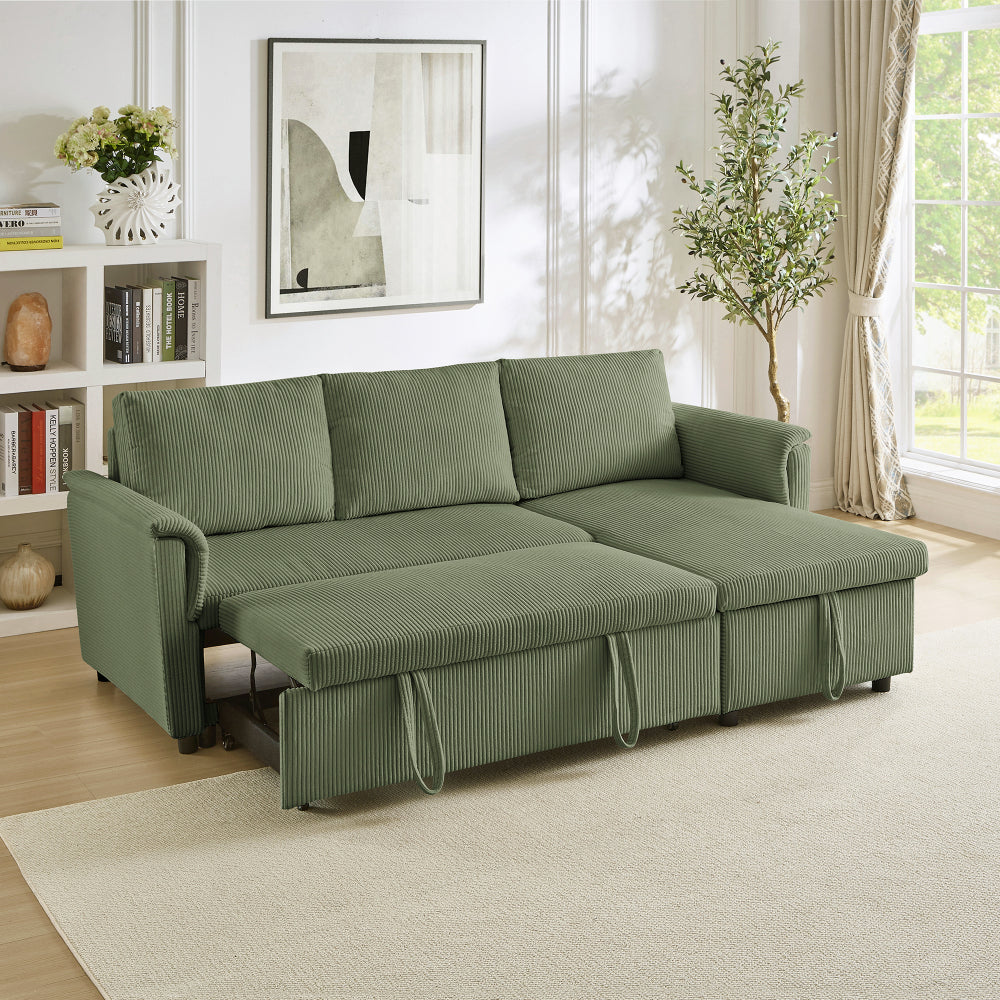 Loveseat Sofa with Chaise Lounge L-Shaped Modular Convertible Sofa with Storage Chaise, Corduroy Tufted Upholstered Sleeper Sectional Sofa,Pull Out Sleep Couch Bed and Reclining Backrest-Black