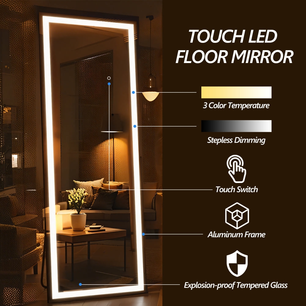 60x16 Inch Full Length Mirror with Lights, Full Body Dressing Standing, Hanging Mounted Mirror for Living Room Bedroom Cloakroom, Square Black