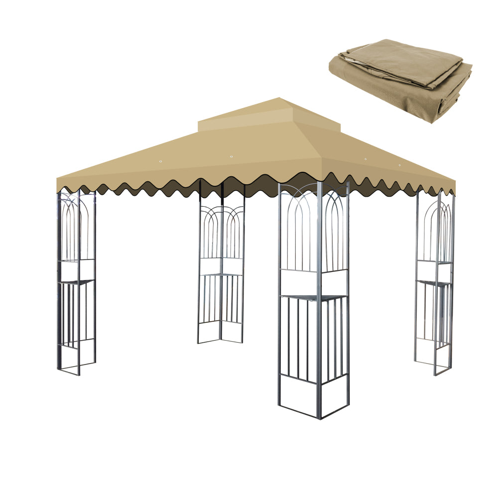 10x10 Ft Outdoor Patio Gazebo Replacement Canopy,Double Tiered Gazebo Tent Roof Top Cover Only wavy border(Frame Not Include)-Beige