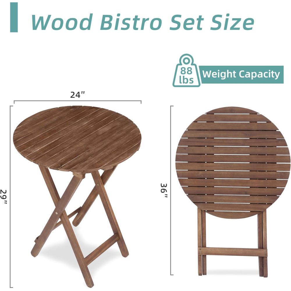 3-Piece Acacia Wood Bistro Set, Wooden Folding Patio Furniture for Garden Backyard Balcony Porch w/ 1 Coffee Table and 2 Foldable Chairs, Natural Stained