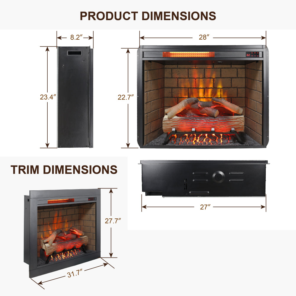 28 inch Infrared Electric Fireplace with Removable Trim kit Insert, Touch Panel Home Decor Heater, Smokeless Firebox With Fire Crackling Sound