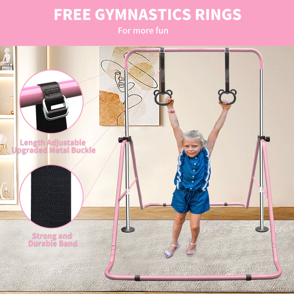 Pink Multi-Functional Adjustable Height Children's Horizontal Gymnastic Bar With Bear Rings