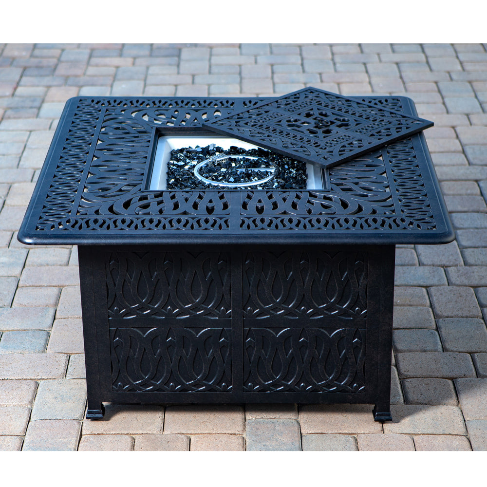 Cast Aluminum 44" Square Fire Table w/ Fire Glass and Cover