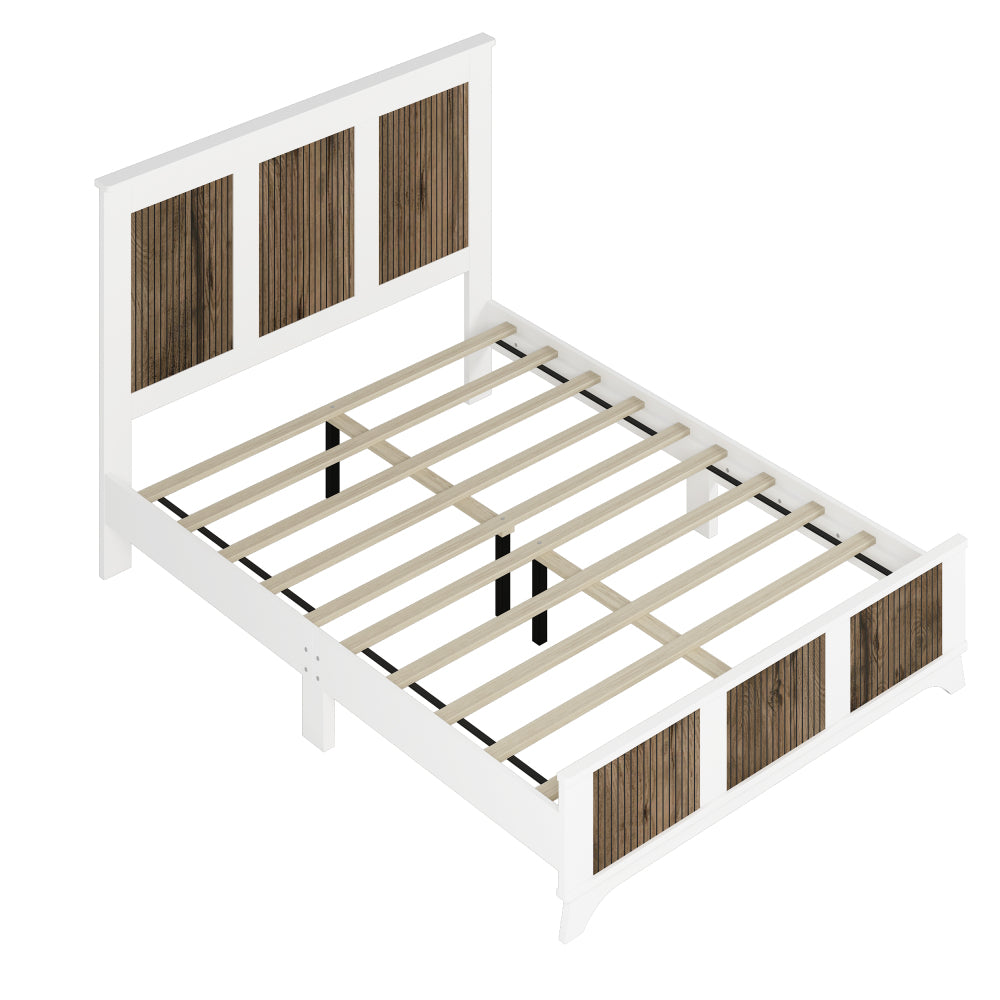4-Pieces Bedroom Sets, Queen Size Farmhouse Platform Bed with Wooden Strip Stickers Decoration, Storage Nightstand and Dresser with Metal Handle, White