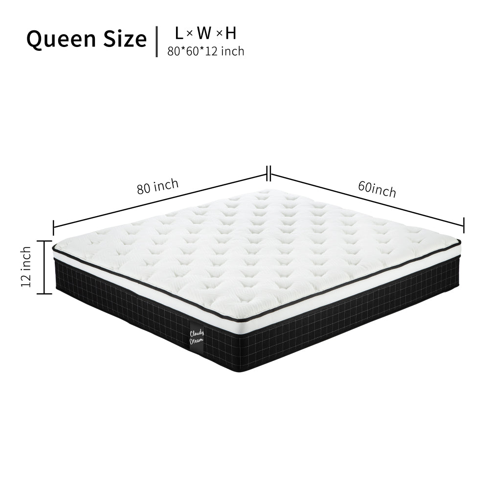 QUEEN Size 12 Inch Hybrid Mattress Individual Pocket Spring 7-Zoned Memory Foam Knitted Cover CertiPUR-US White