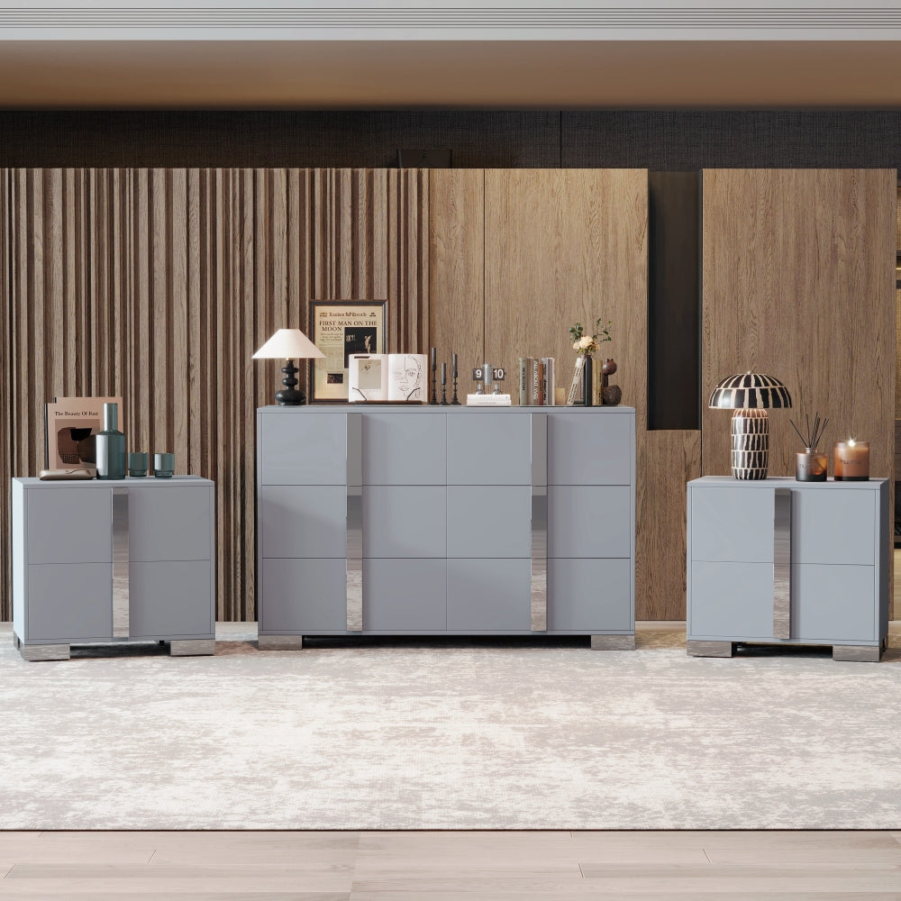 Elegant Nightstand with Metal Handle,Mirrored Bedside Table with 2 Drawers for Bedroom,Living Room,Grey