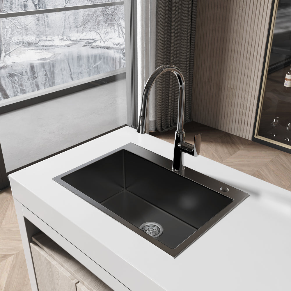 Stainless Steel Kitchen Sink, 32″x19″ Single Bowl, Overmount Handmade Sink in Brushed Nickel, with US Standard Drain and Hook, LS-SSBR02