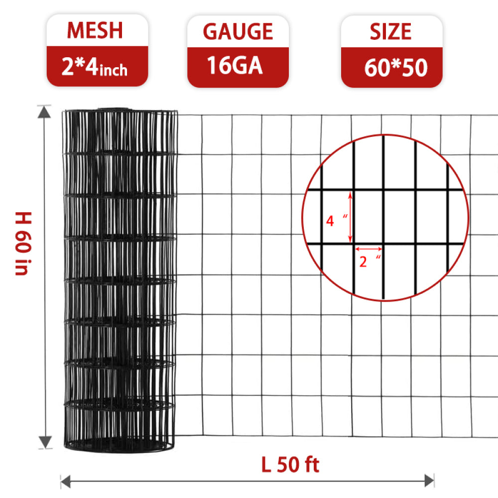 60inch x 50ft Black Vinyl Coated Hardware Cloth 2" X 4" 16Ga Welded Wire Mesh fence, PVC Coated Welded Chicken Wire Fencing, Metal Garden Plant Fencing, for Chicken Coop and Home Improvement