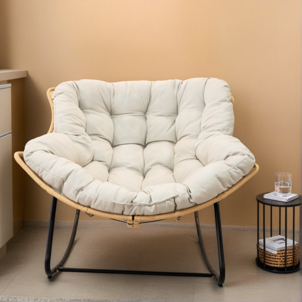 9.7Ibs Ultra-Plush Rattan Rocking Chair With Anti-Tip Design, 450LB Capacity Rattan Lounge Chair for Balcony,Living Room,Garden,Patio - Easy Assembly Blue