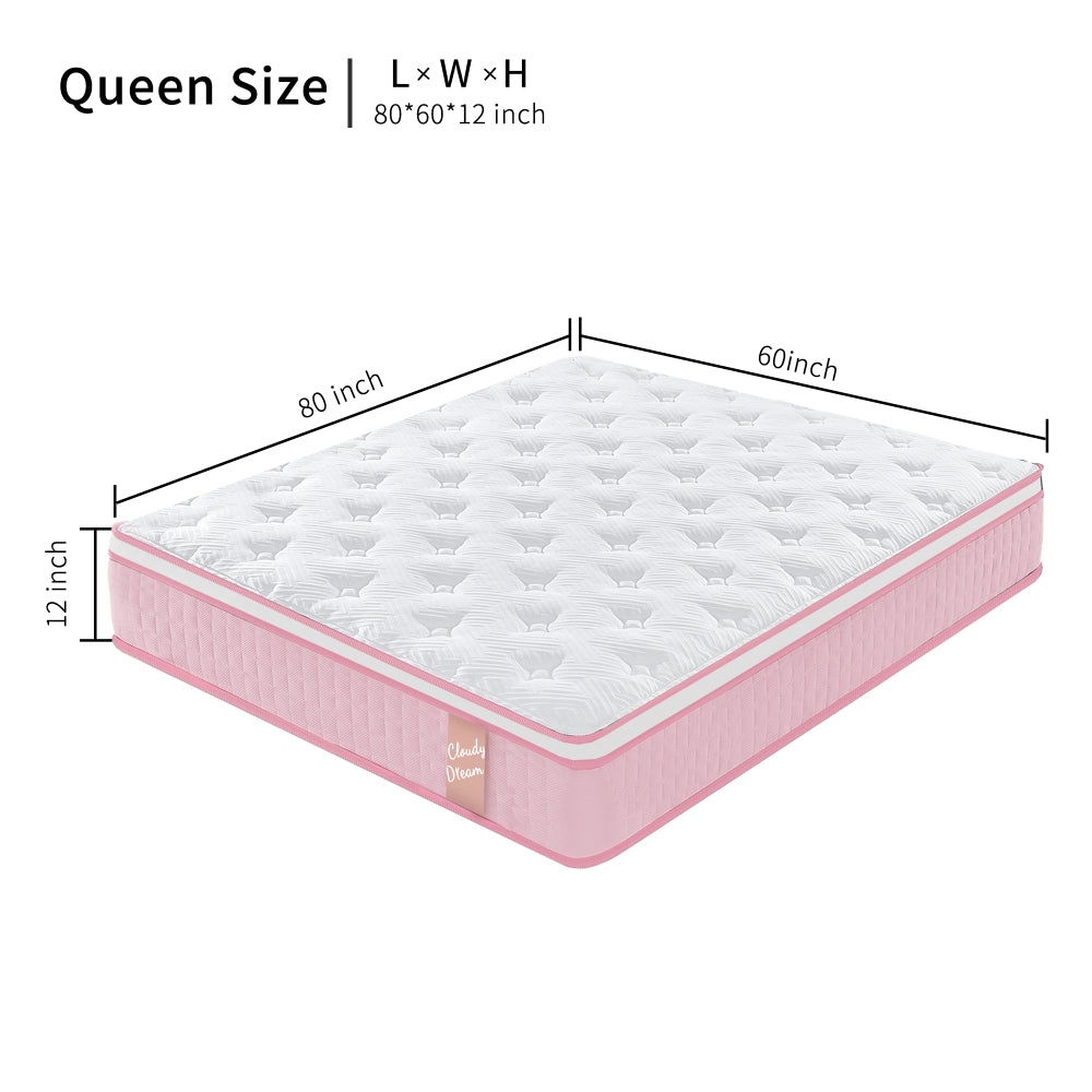 QUEEN 12 Inch Hybrid Mattress Individual Pocket Spring Memory Foam Cool Knitted Cover CertiPUR-US Pink