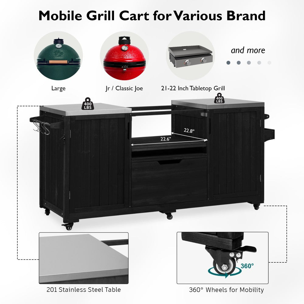 K&K 66.5" Outdoor Kitchen Island for Big Green Egg Grills, Solid Wood Outdoor Grill Cart for Tabletop Grill with Stainless Steel Top, Drawer, Compatible with Large Big Green Egg, Kamado Joe- Black