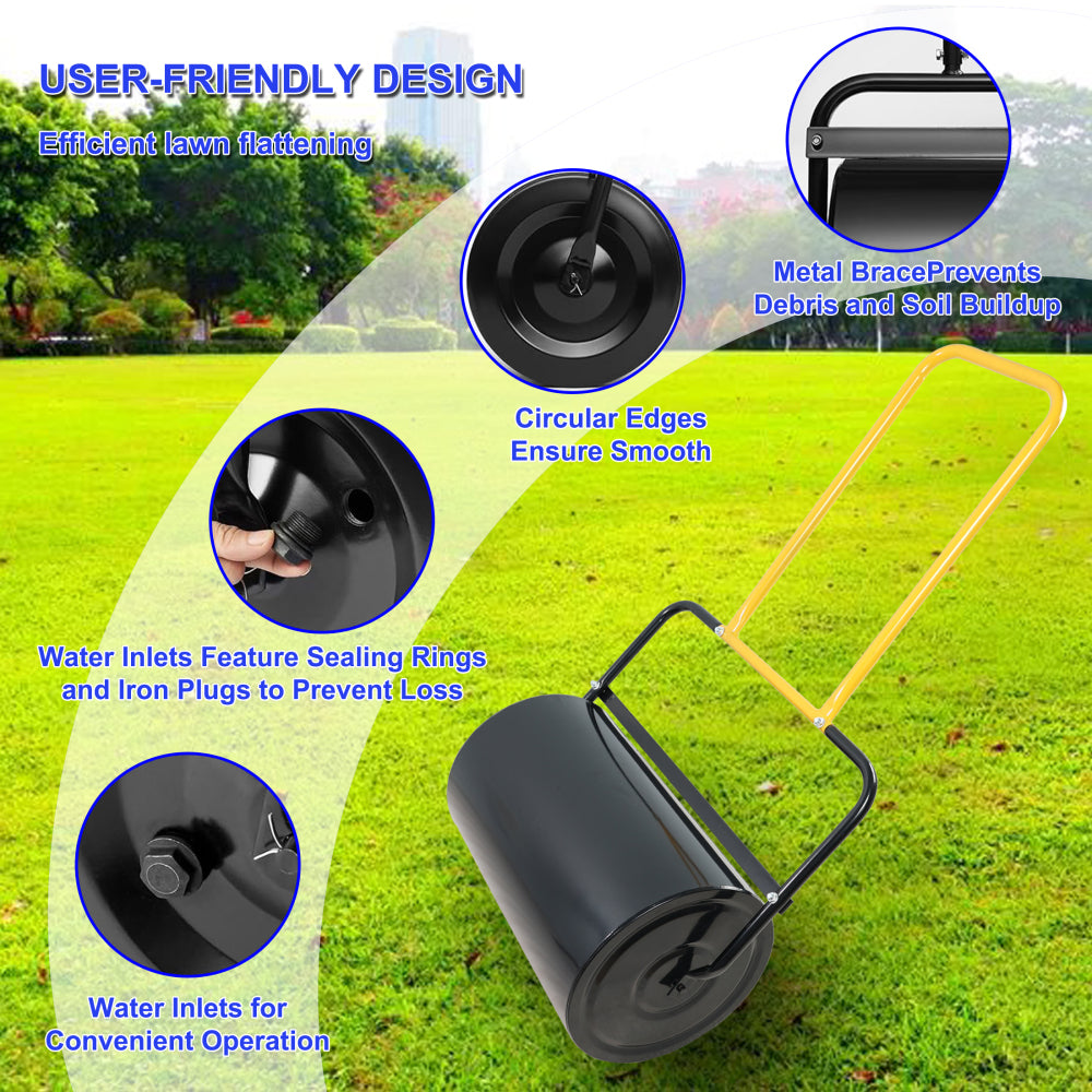 40 litre high capacity lawn roller, can fill sand/water, U-shaped ergonomic handle, easy to push and pull, suitable for gardens, farms, parks, black