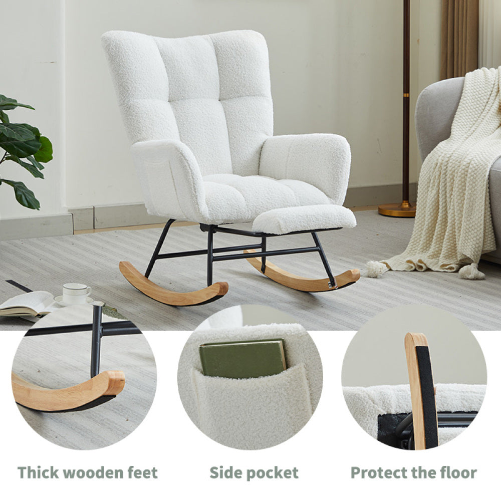 Modern Nursery Rocking Chair, Upholstered Glider Chair with High Backrest, Rocker Accent Armchair with Solid Wood Legs for Nursery Bedroom Living Room WHITE